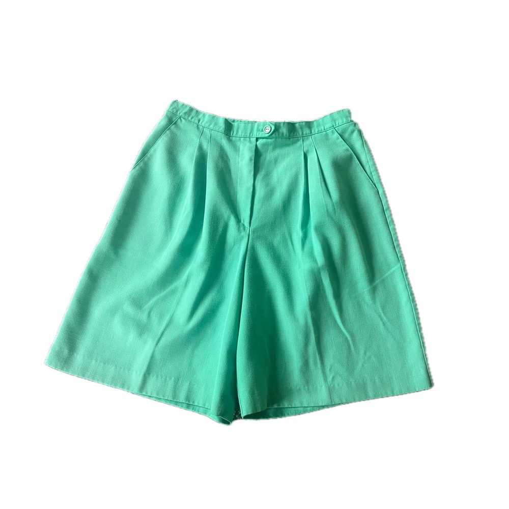 Vintage 80s Preppy Beach Nautical Green Pleated Shorts High Waist Made in USA 14